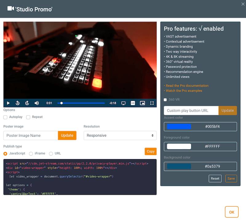 Jet-Stream Privacy Player Pro. HTML5 video player. Branded video. Free video player. Interactive video. JW Player, Agnoplay, Theo player.