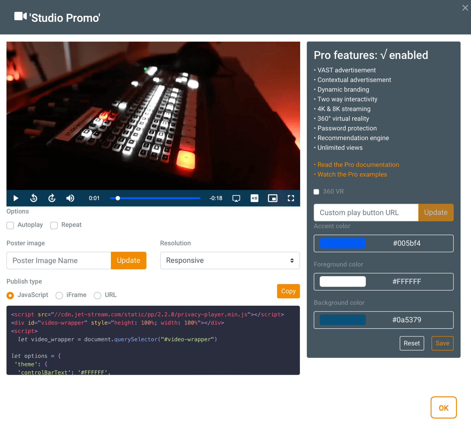 Javascript API. Custom Player. Branded video player. Streaming player branding. Interactive player. Interactive video.